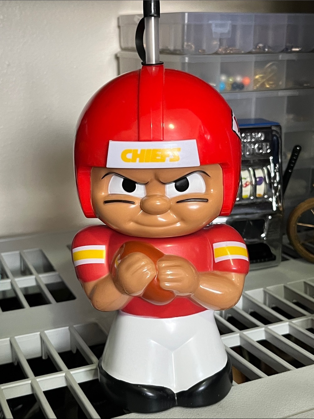 Red Football Player Coin Bank with Chiefs Decal